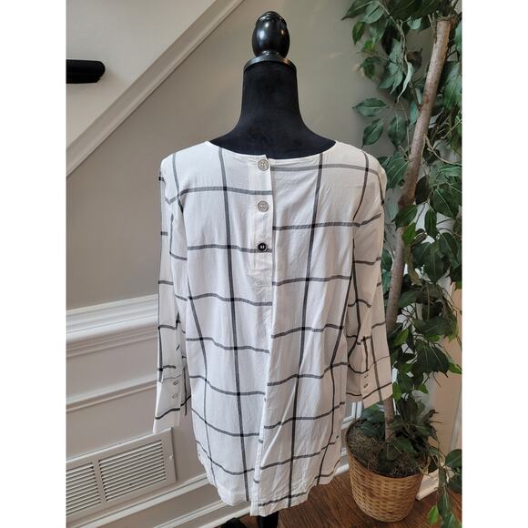 Liz Claiborne Blouse Women's Small White Black Windowpane Career Top Bell Sleeve - Picture 8 of 11